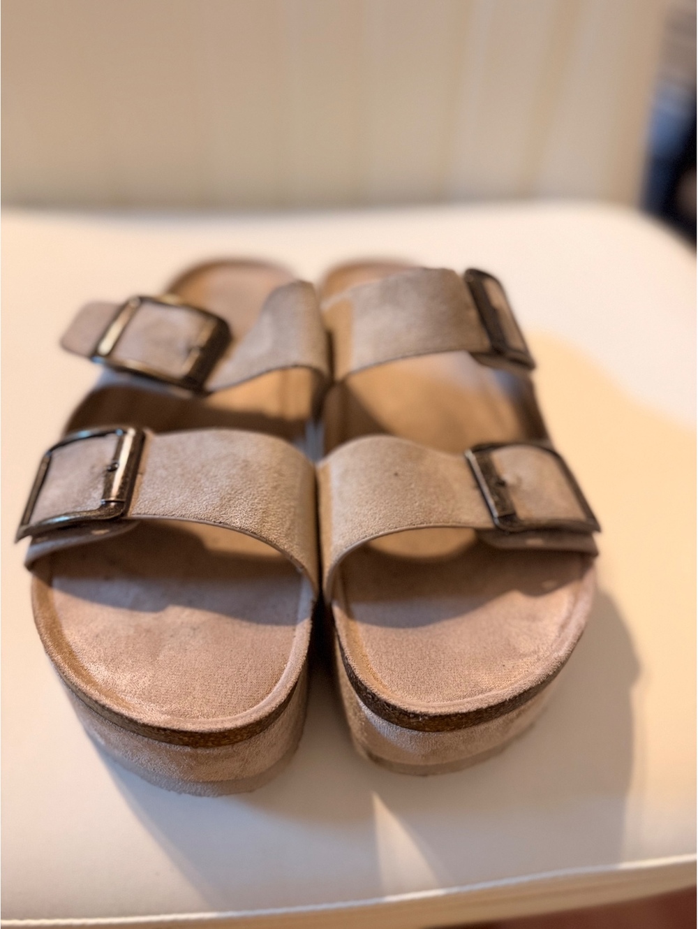Beige Suede Platform Sandals with Buckle Straps